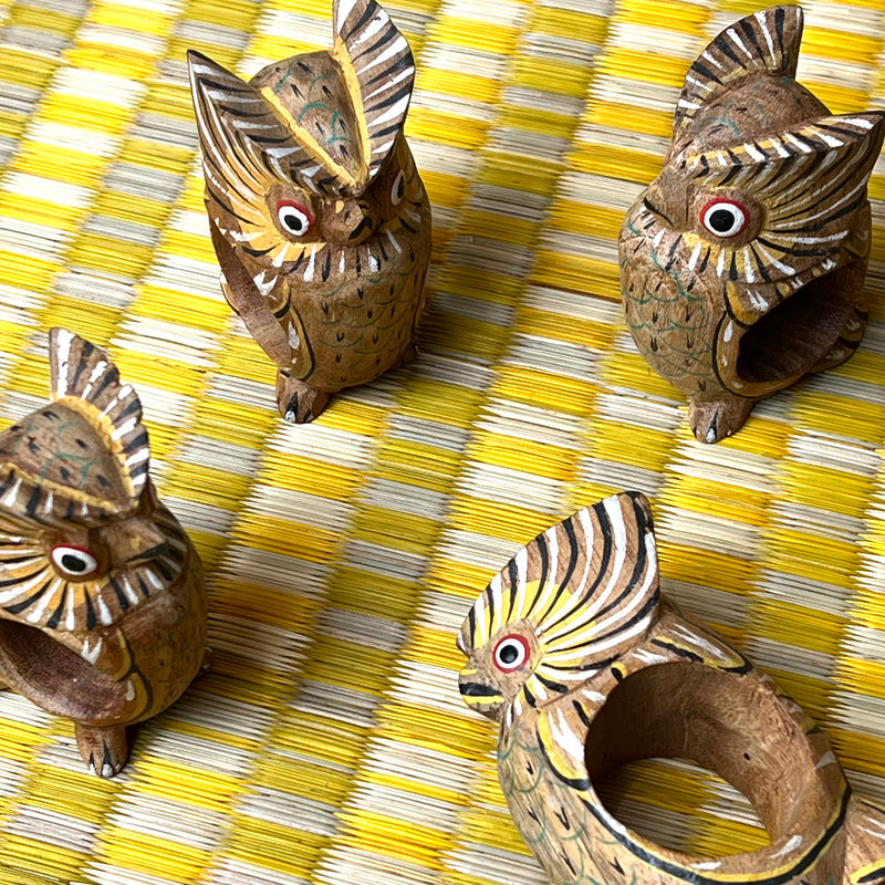 Set of 4 Vintage Carved Wood Owls