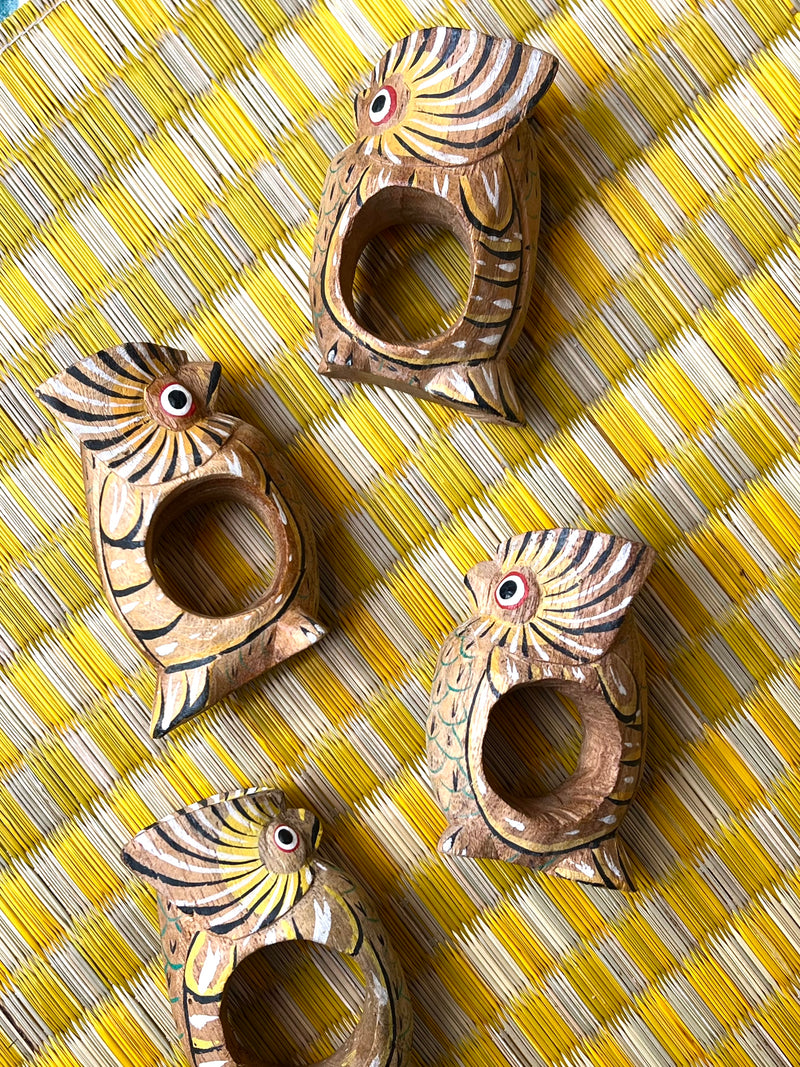 Set of 4 Vintage Carved Wood Owls