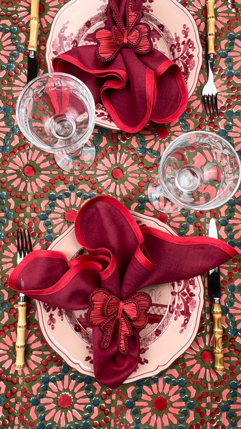 ‘The Kaleidoscope’ Tablecloth - Moss, Red, Pink, Blue
