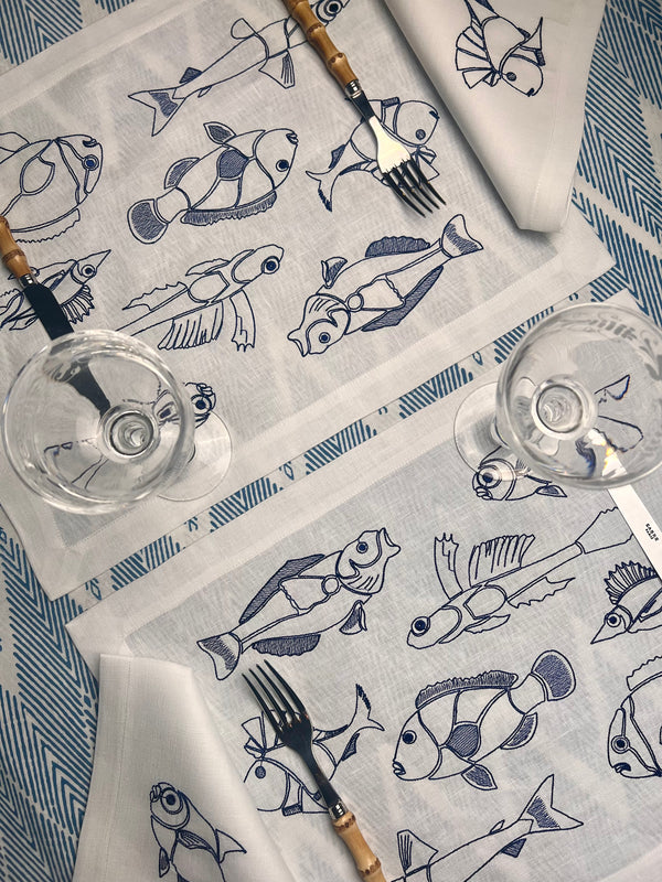 Fish Embroidery Napkin & Placemat (White & Navy)