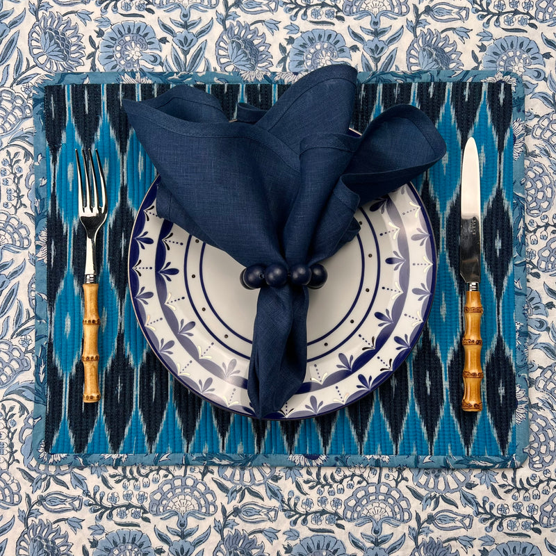 Gift Set: 2 Blue Ikat Placemats, 2 navy scalloped linen napkins, 2 wood orb napkinrings