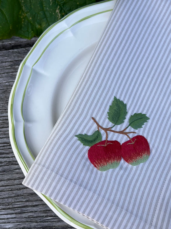 ’The Two Red Apples’ Napkin & Placemat - Taupe & Ecru Stripe