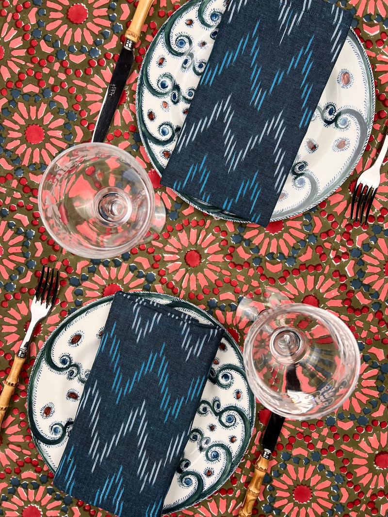 ‘The Kaleidoscope’ Tablecloth - Moss, Red, Pink, Blue