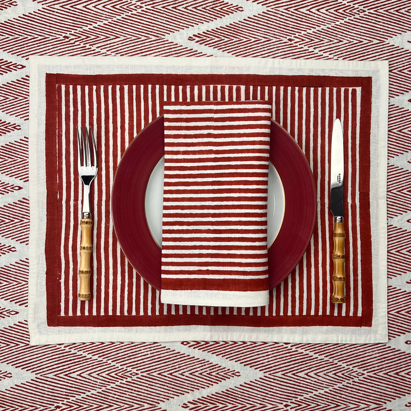 Table Set: Red Stripes Napkin & Placemat with Red orchid Napkinring Table Setting