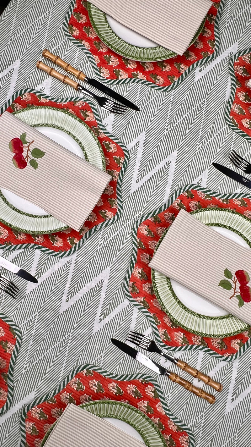 ’The Two Red Apples’ Napkin Only - Taupe & Ecru Stripe