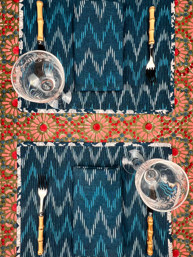 ‘The Kaleidoscope’ Tablecloth - Moss, Red, Pink, Blue