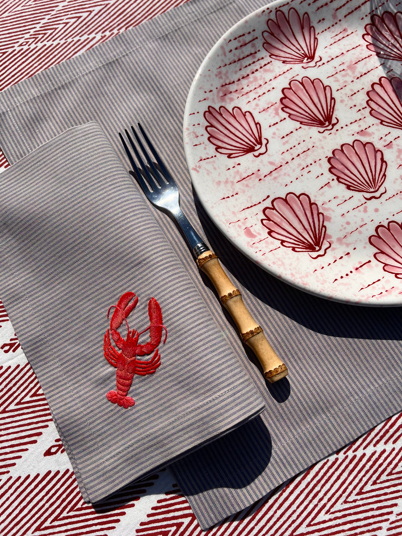The ’Le Homard’ Napkin & Placemat Set  - Grey & Ecru Stripe