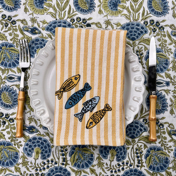 Gift Set: Four Fish Embroidery Napkins (yellow stripe)