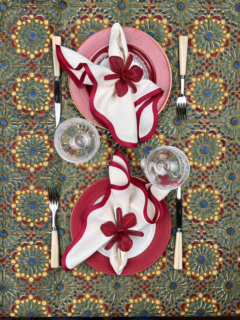 ‘The Kaleidoscope’ Tablecloth - Moss, Burgundy, Blue