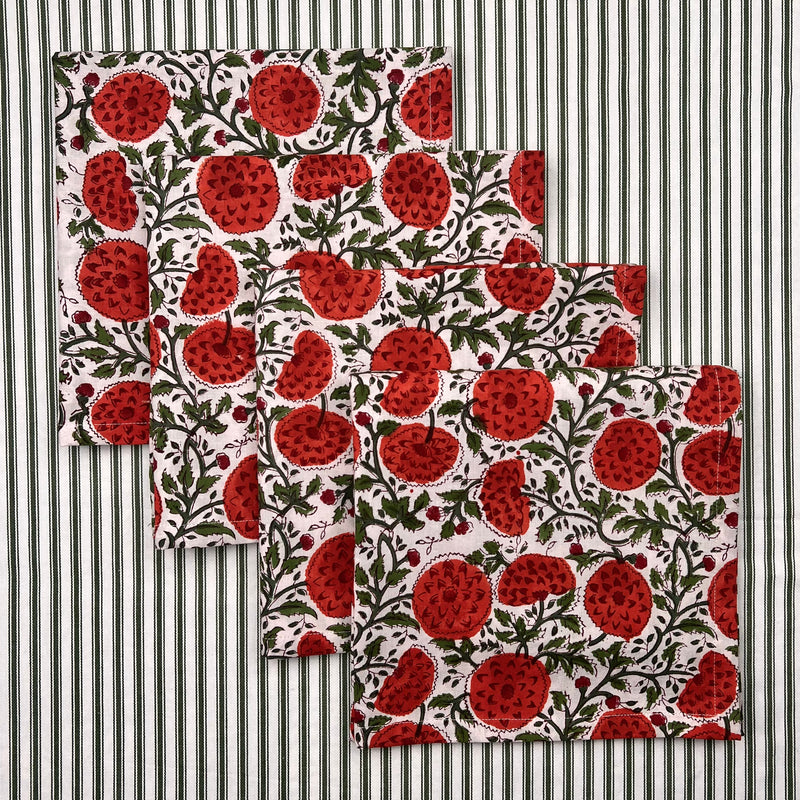 Reversible Napkin (Set of Four) Red Flowers/Green