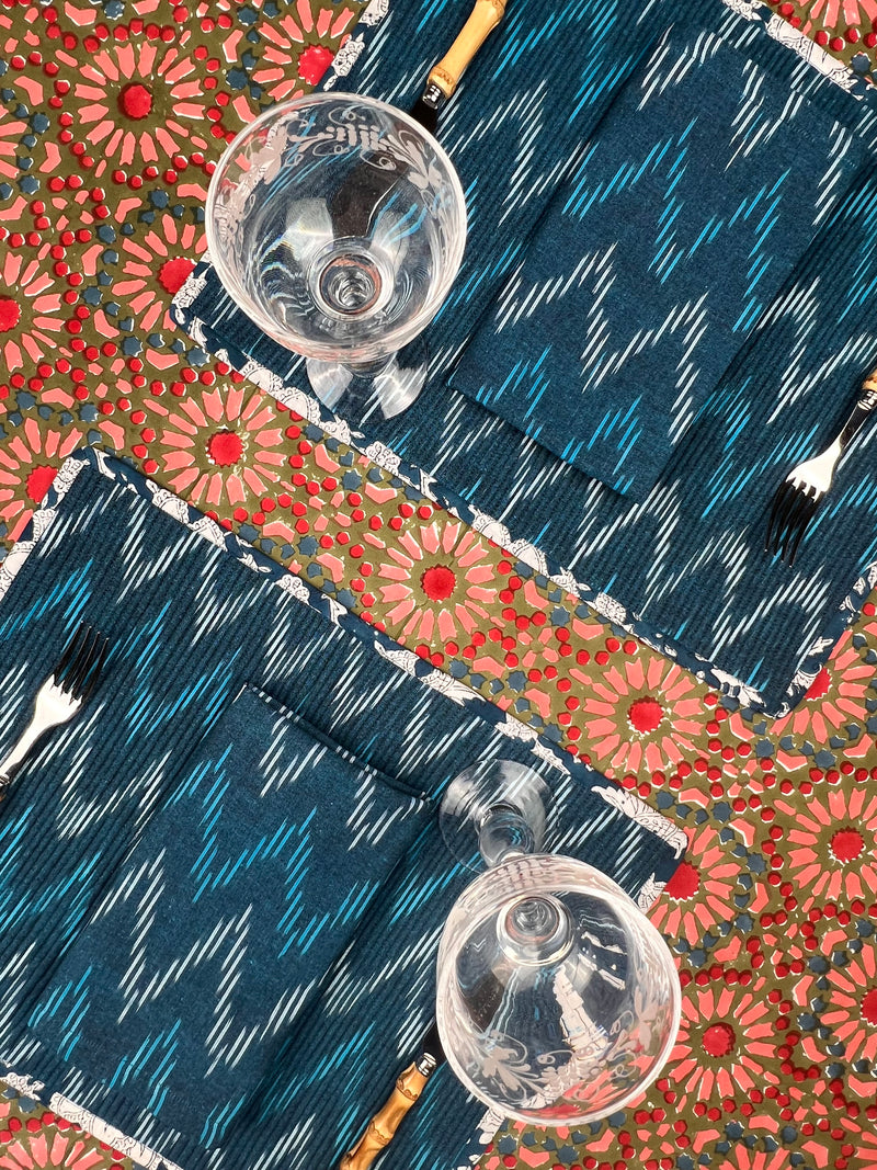 ‘The Kaleidoscope’ Tablecloth - Moss, Red, Pink, Blue