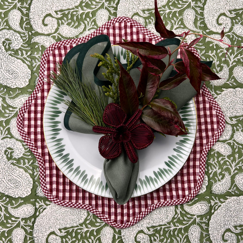 Table Set: Burgundy Gingham & Green Scalloped Table Setting