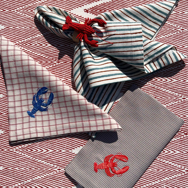 The ’Le Homard’ Napkin & Placemat Set  - Grey & Ecru Stripe