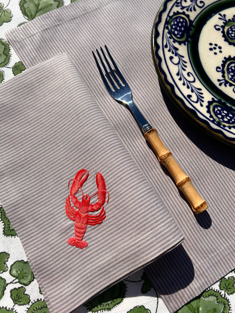 The ’Le Homard’ Napkin & Placemat Set  - Grey & Ecru Stripe