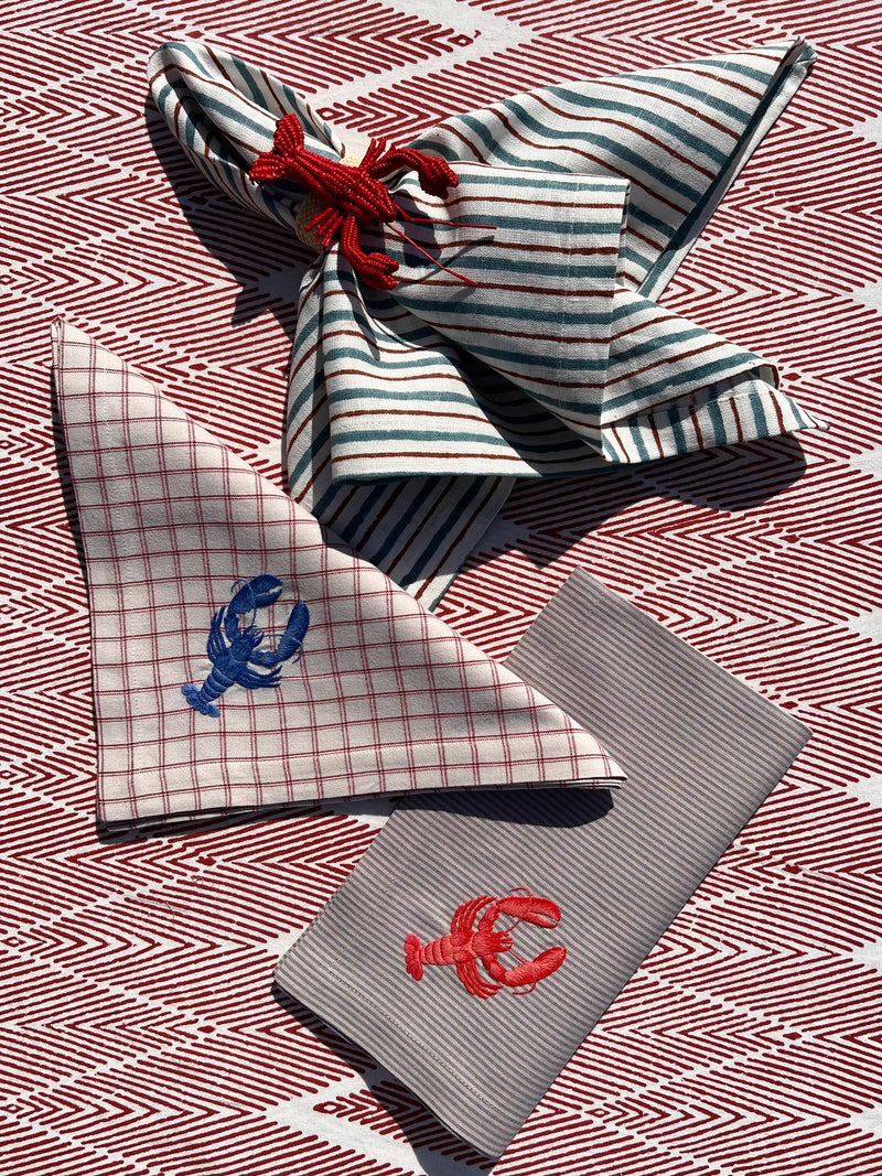 The ’Le Homard’ Napkin & Placemat Set  - Grey & Ecru Stripe