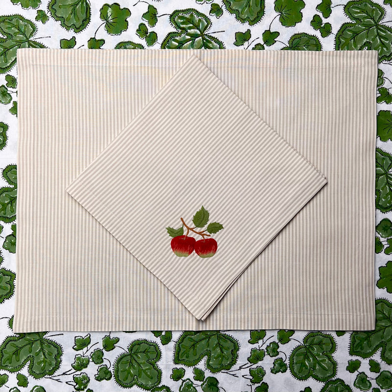 ’The Two Red Apples’ Napkin & Placemat - Taupe & Ecru Stripe
