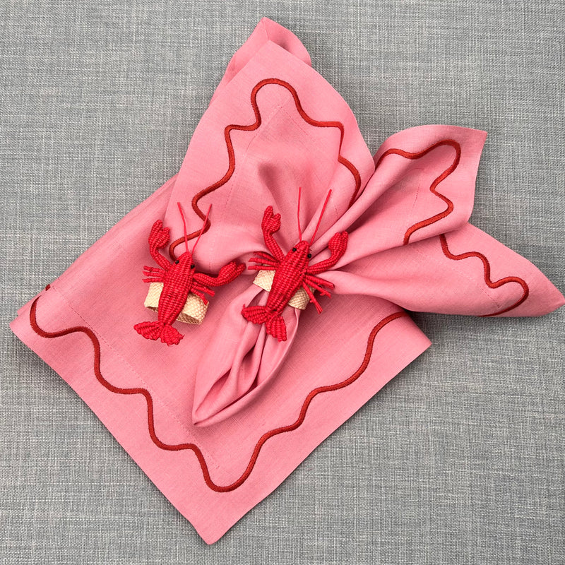 Gift Set: 2 squiggle Napkins in pink/red & 2 Lobster Napkinrings