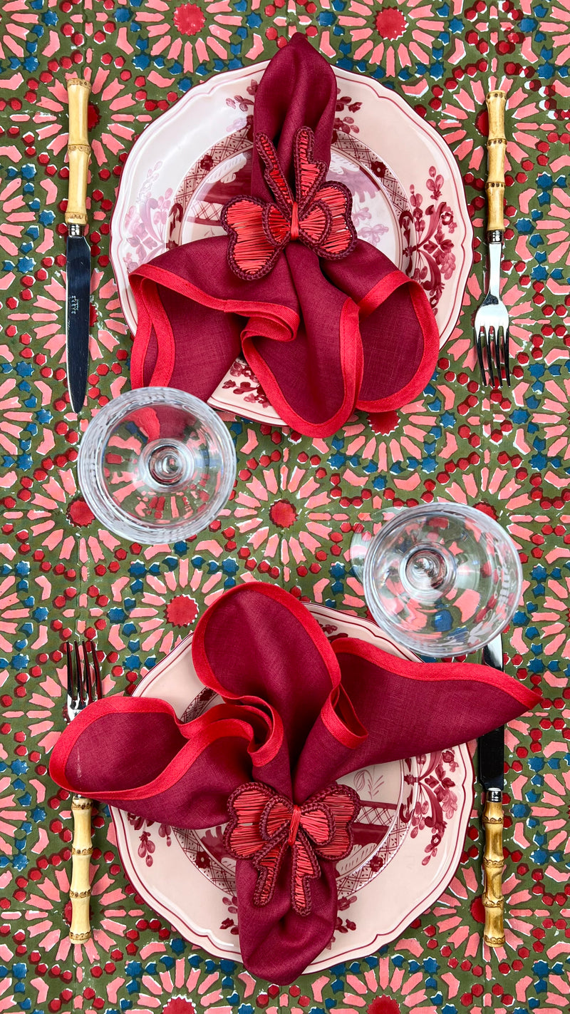 ‘The Kaleidoscope’ Tablecloth - Moss, Red, Pink, Blue
