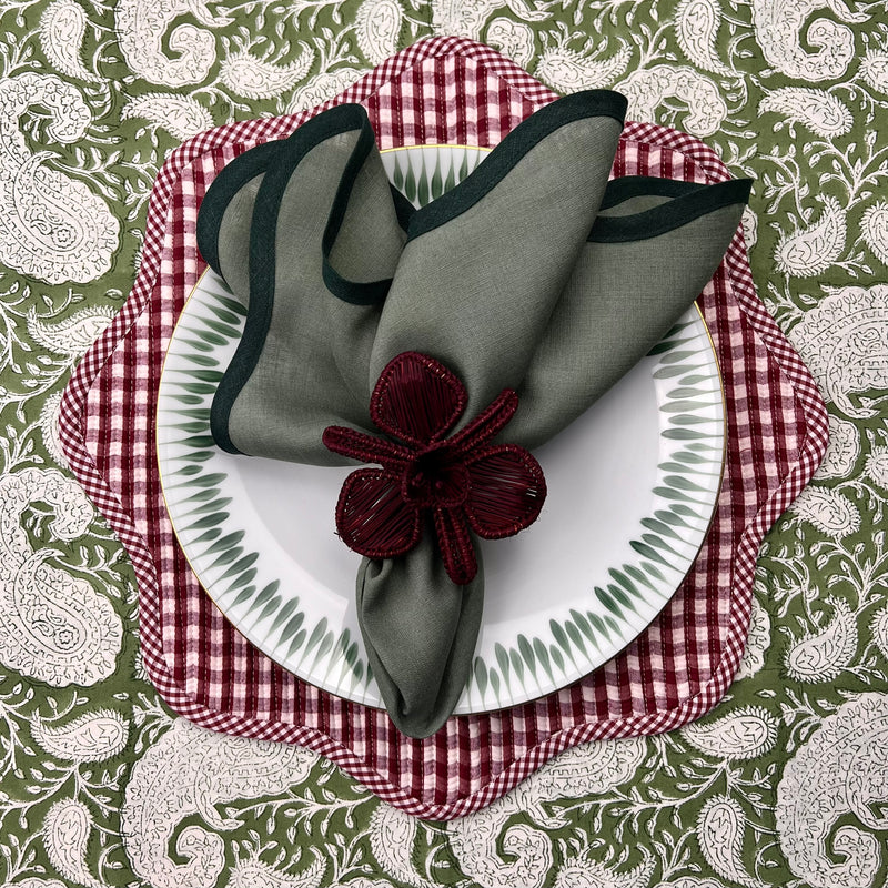 Table Set: Burgundy Gingham & Green Scalloped Table Setting