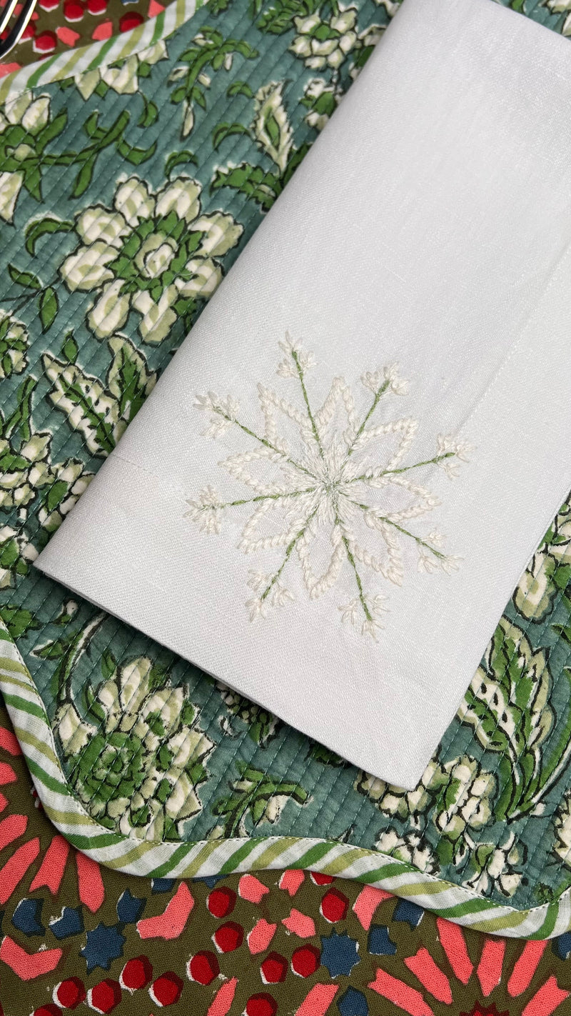 The Snowflake Napkin - Hand Embroidered - Green