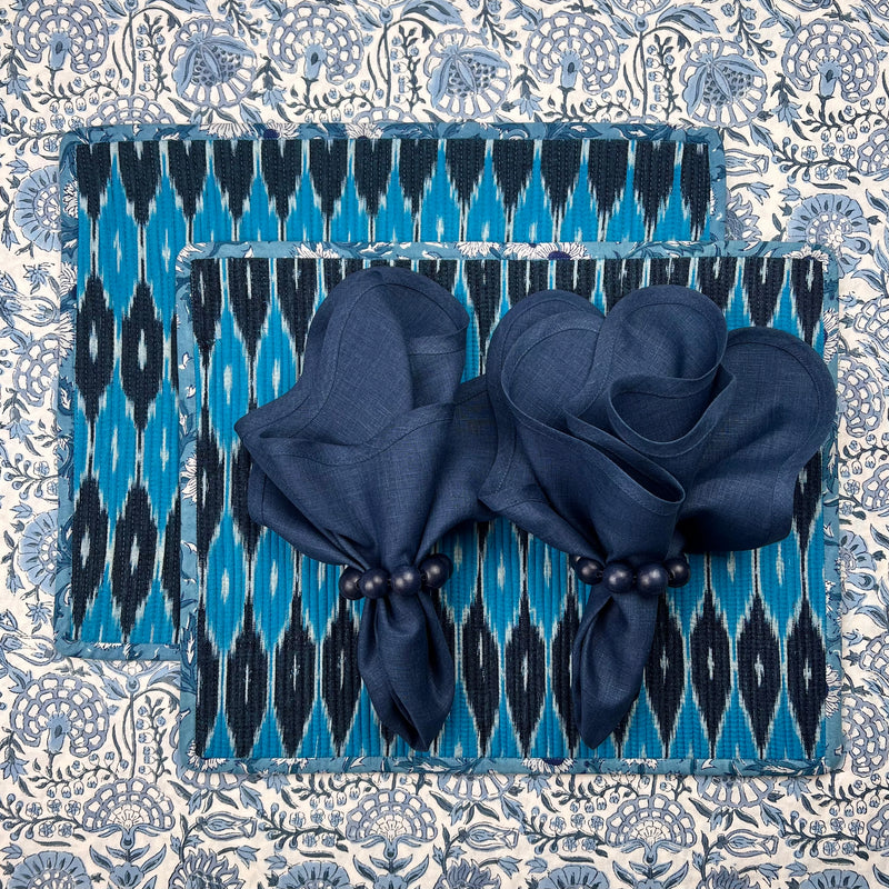 Gift Set: 2 Blue Ikat Placemats, 2 navy scalloped linen napkins, 2 wood orb napkinrings