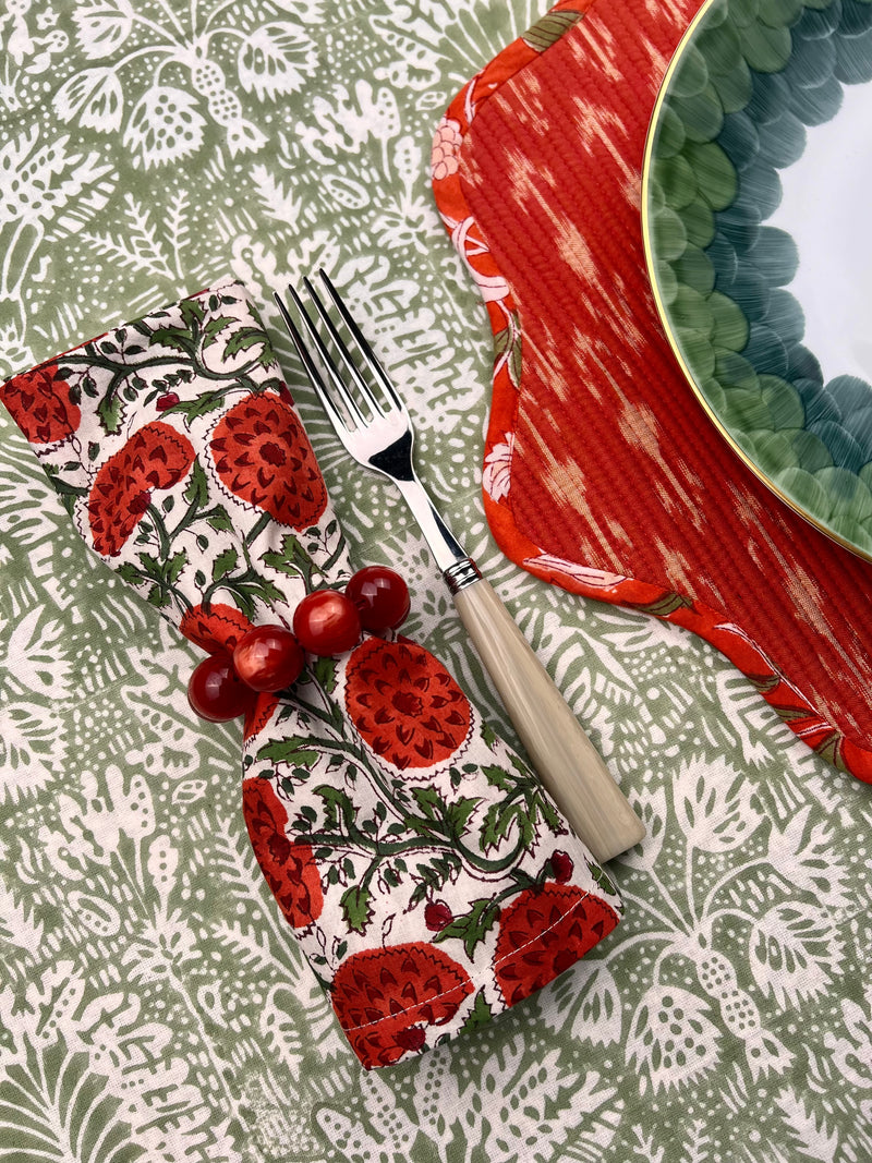 Reversible Napkin (Set of Four) Red Flowers/Green