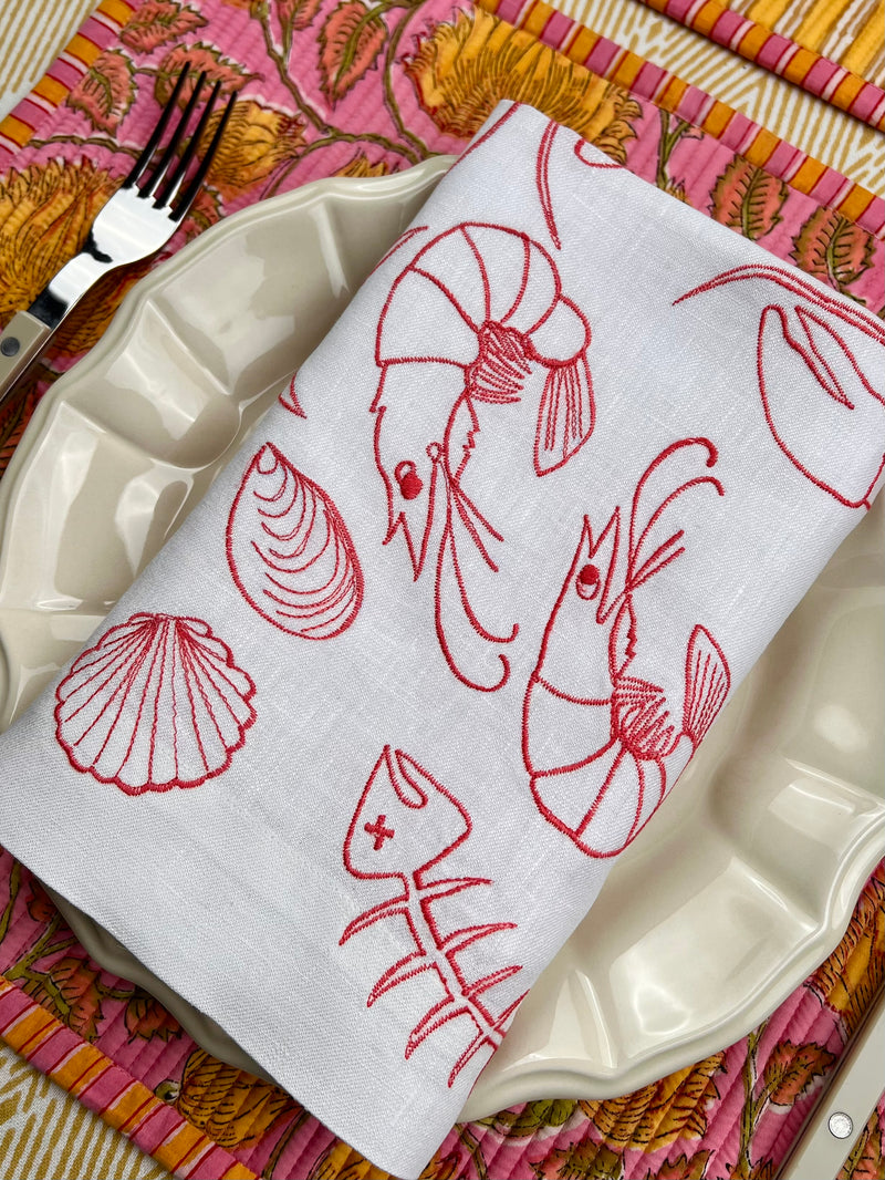 ’The Seafood Napkin’ - Embroidered in Coral