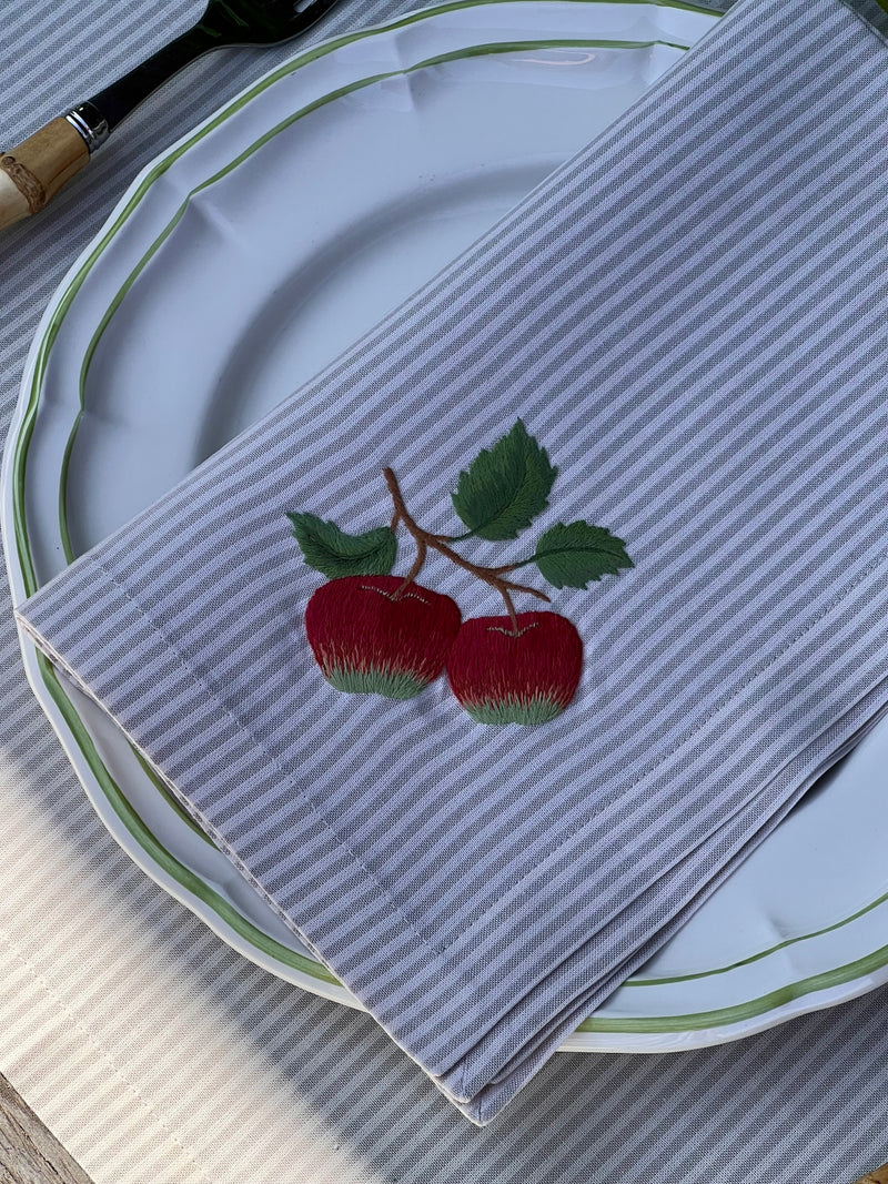’The Two Red Apples’ Napkin & Placemat - Taupe & Ecru Stripe