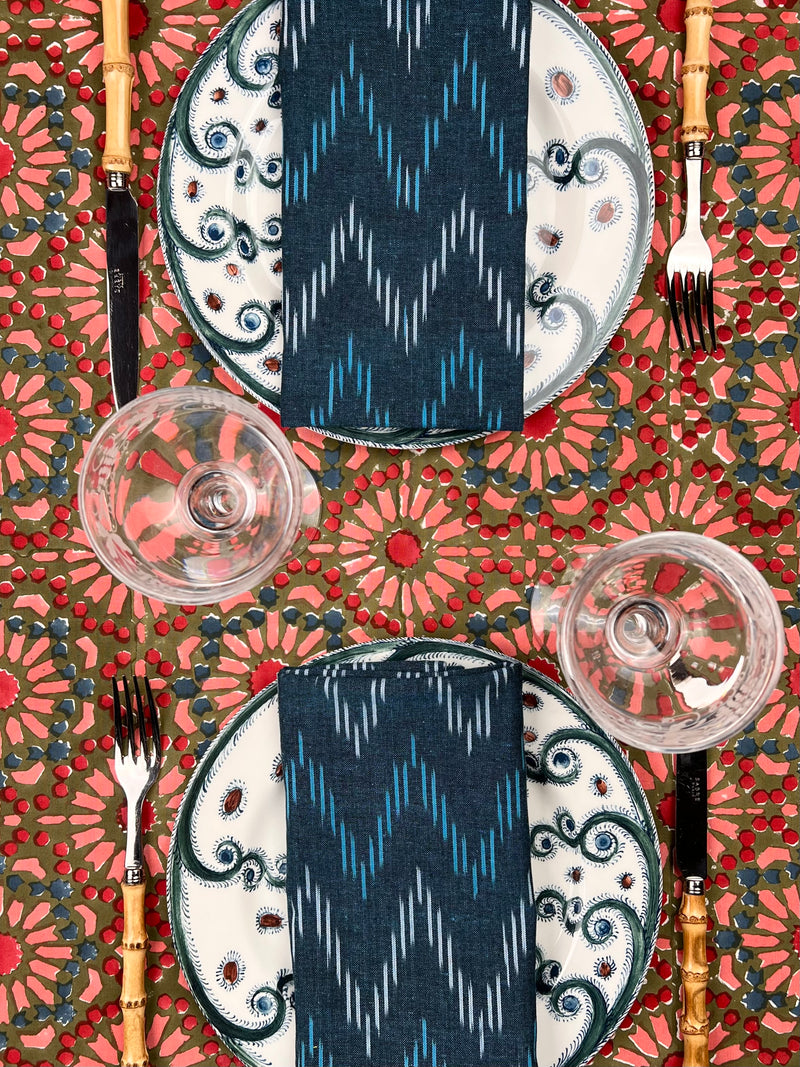 ‘The Kaleidoscope’ Tablecloth - Moss, Red, Pink, Blue