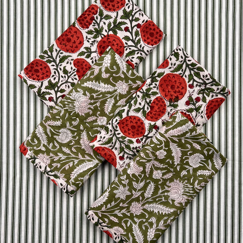 Reversible Napkin (Set of Four) Red Flowers/Green