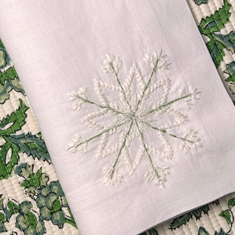 The Snowflake Napkin - Hand Embroidered - Green