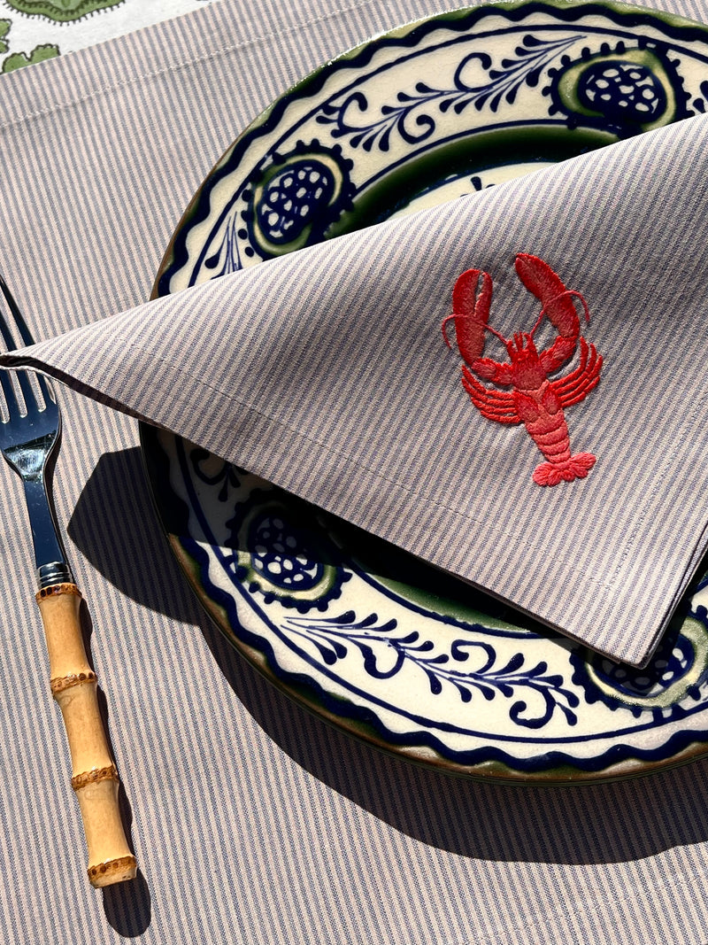 The ’Le Homard’ Napkin & Placemat Set  - Grey & Ecru Stripe