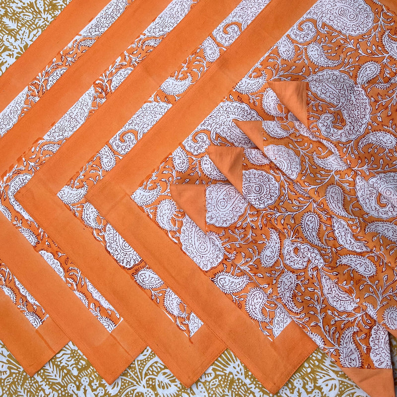 Gift Set: 4 Placemats & 4 Napkins Orange Block Print