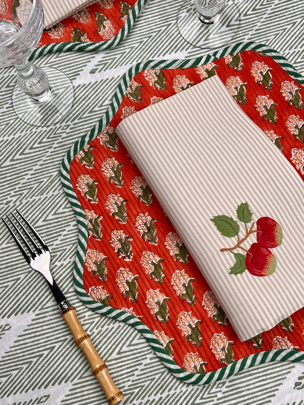’The Two Red Apples’ Napkin Only - Taupe & Ecru Stripe