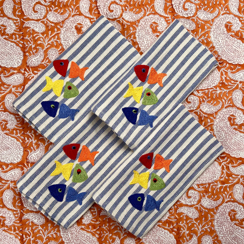 Gift Set: Four Fish Embroidery Napkins (blue stripe)