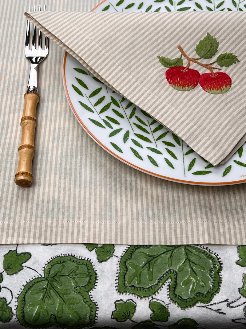 ’The Two Red Apples’ Napkin & Placemat - Taupe & Ecru Stripe