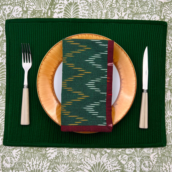 Reversible Napkin (Set of Four) Burgundy & Green Ikat