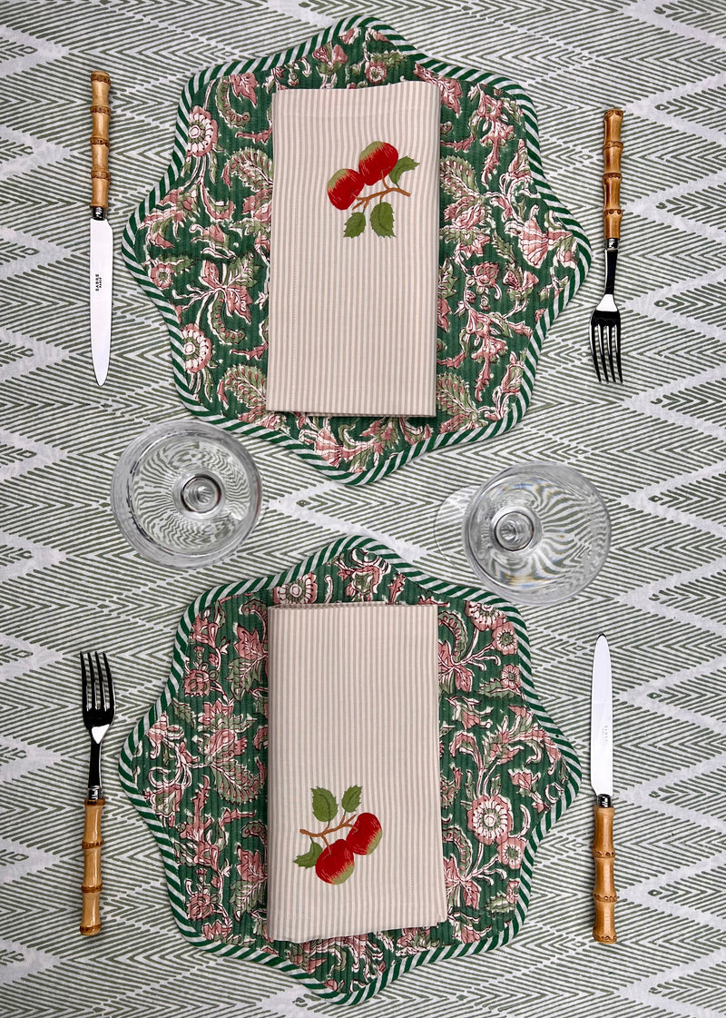 ’The Two Red Apples’ Napkin Only - Taupe & Ecru Stripe