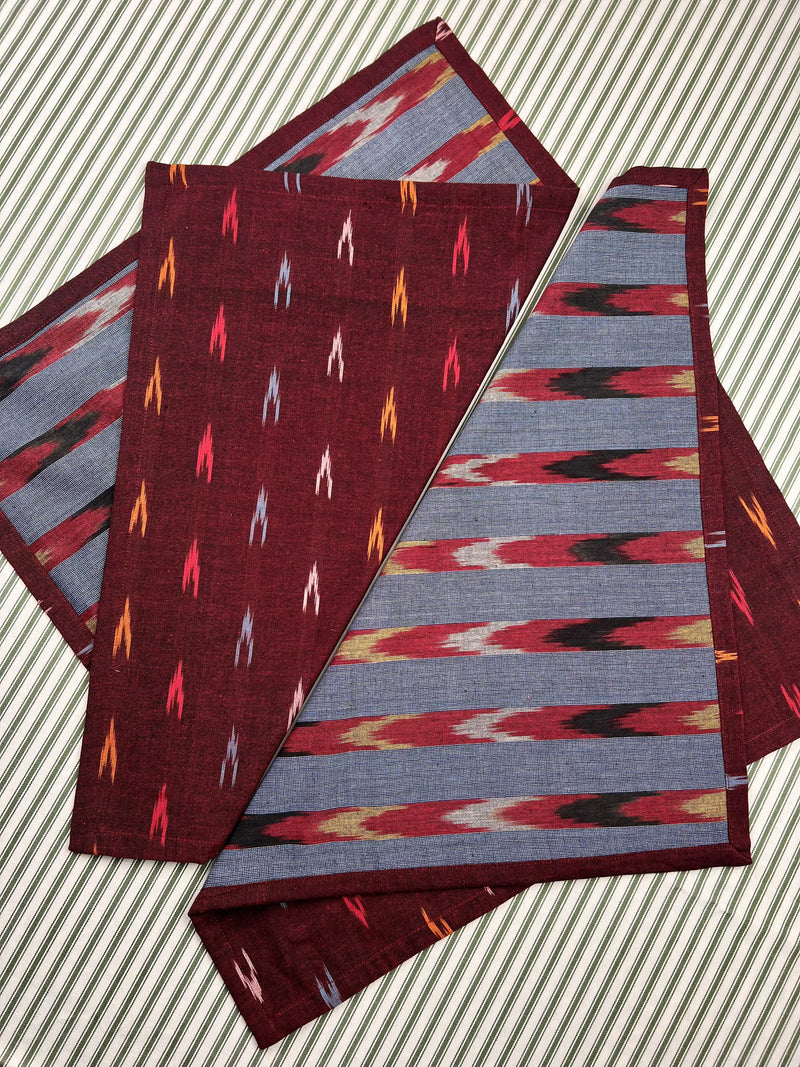 Reversible Napkin (Set of Four) Burgundy & Blue Ikat