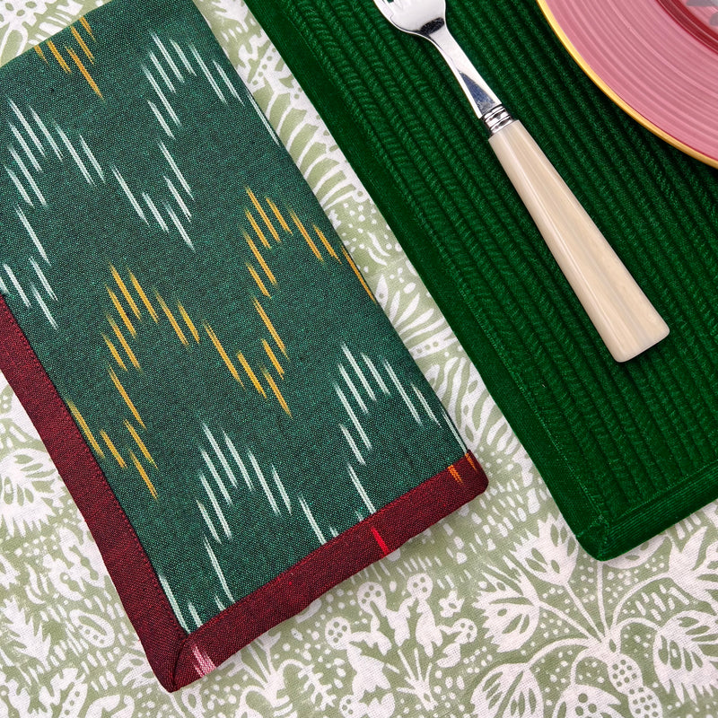 Reversible Napkin (Set of Four) Burgundy & Green Ikat