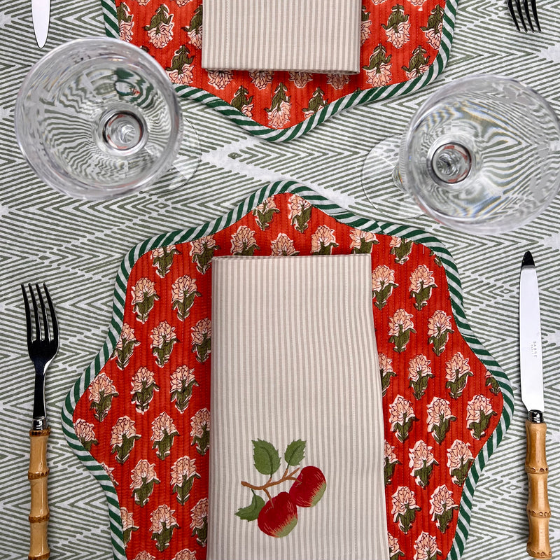 ’The Two Red Apples’ Napkin Only - Taupe & Ecru Stripe