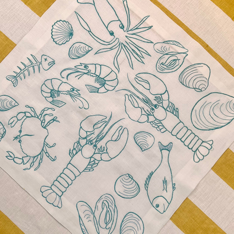’The Seafood Napkin’ - Embroidered in Turquoise