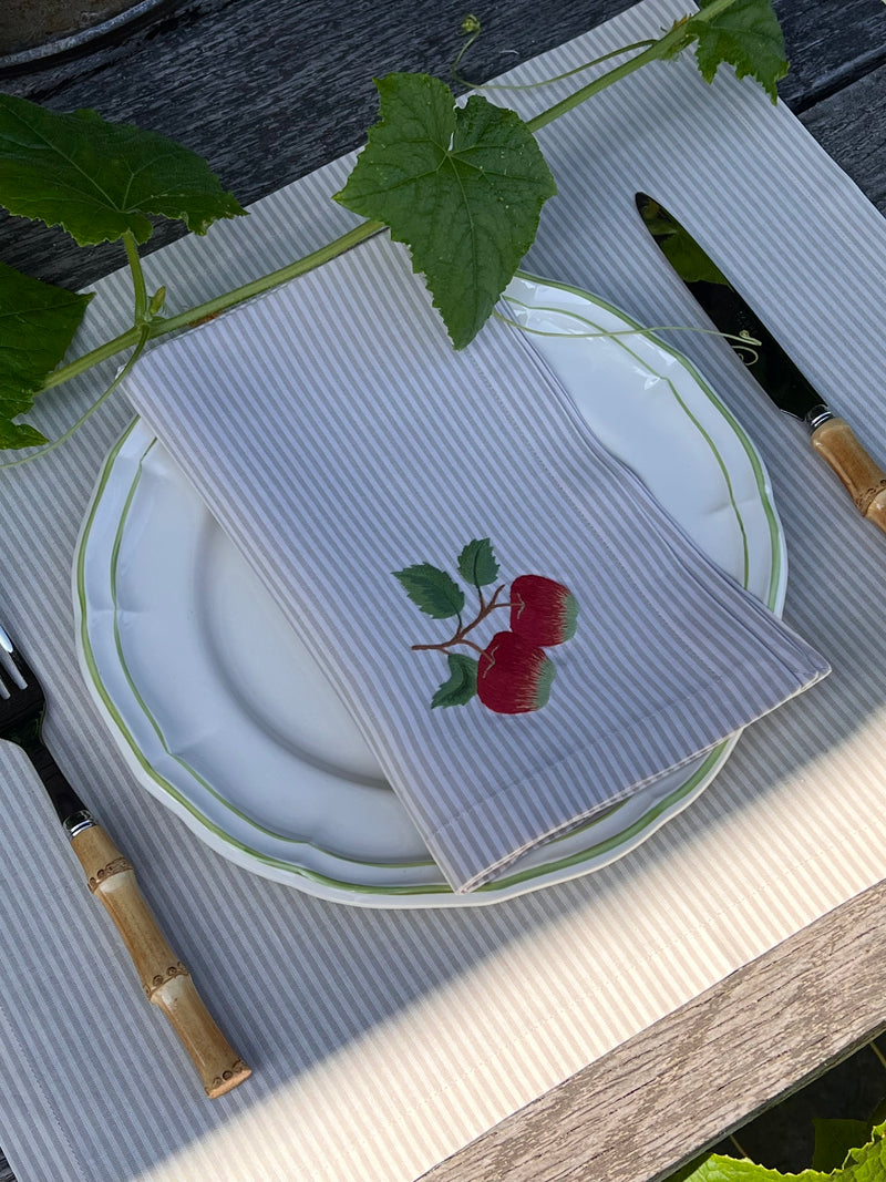’The Two Red Apples’ Napkin & Placemat - Taupe & Ecru Stripe