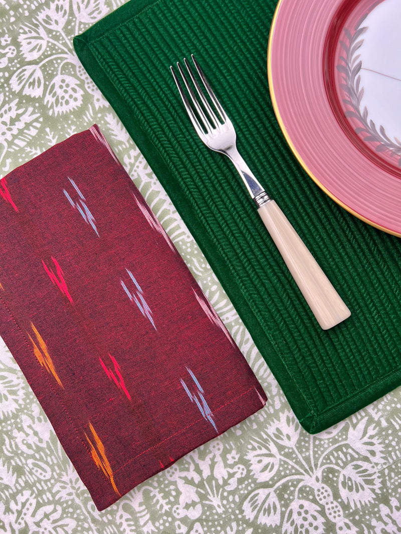 Reversible Napkin (Set of Four) Burgundy & Green Ikat