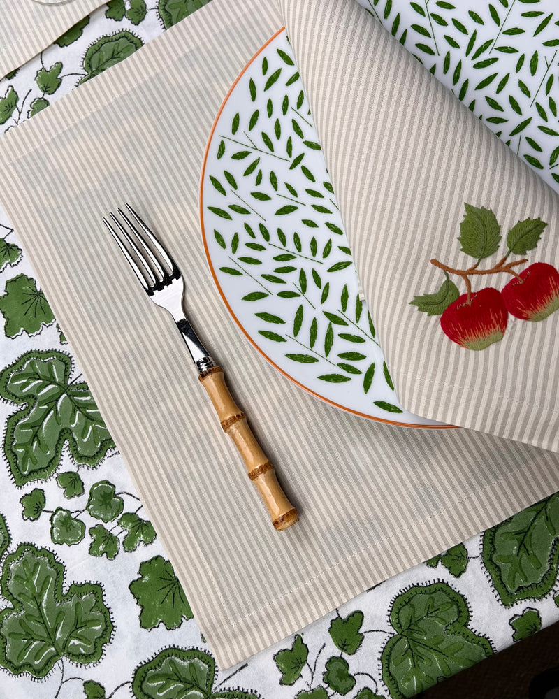 ’The Two Red Apples’ Napkin & Placemat - Taupe & Ecru Stripe