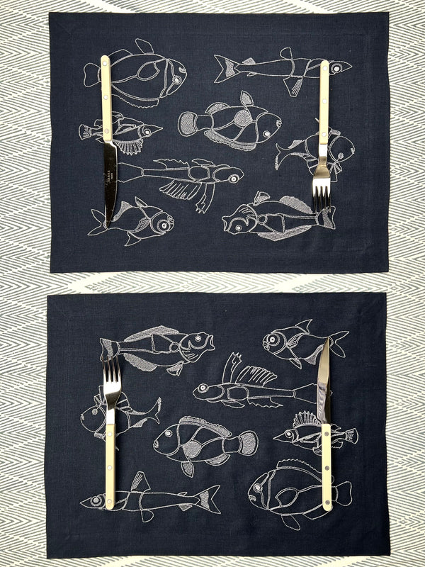 Fish Embroidery Napkin & Placemat (Set of 2)