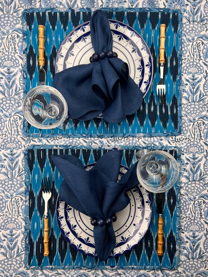 Gift Set: 2 Blue Ikat Placemats, 2 navy scalloped linen napkins, 2 wood orb napkinrings