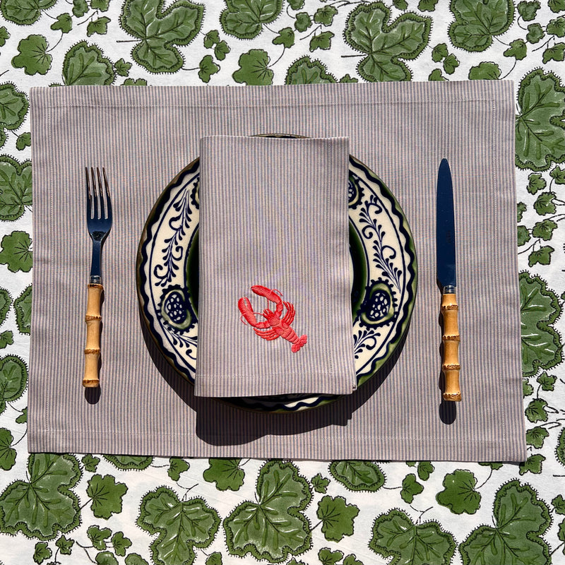 The ’Le Homard’ Napkin & Placemat Set  - Grey & Ecru Stripe
