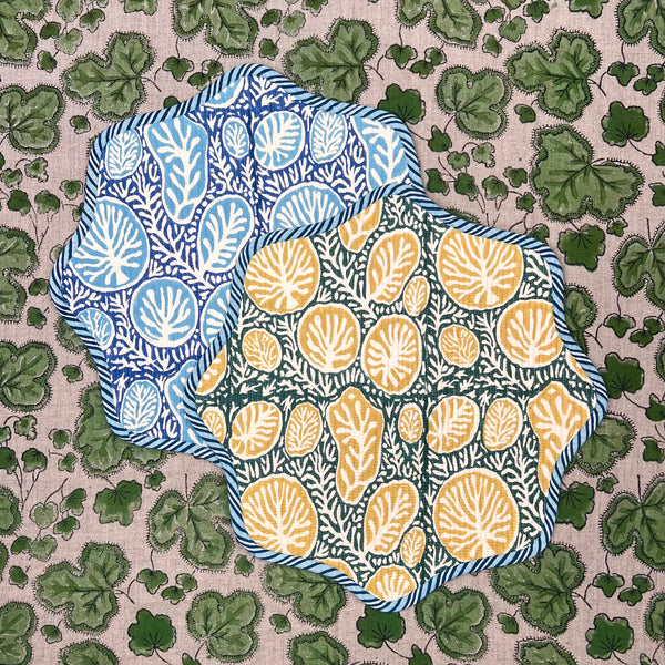 Gift Set: Blue, Green & Mustard Scalloped Placemats.