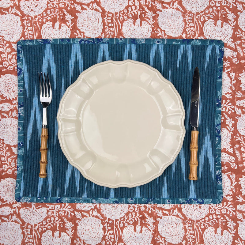 Gift Set: 4 x Blue & Rusty Brown Ikat Breakfast Placemats